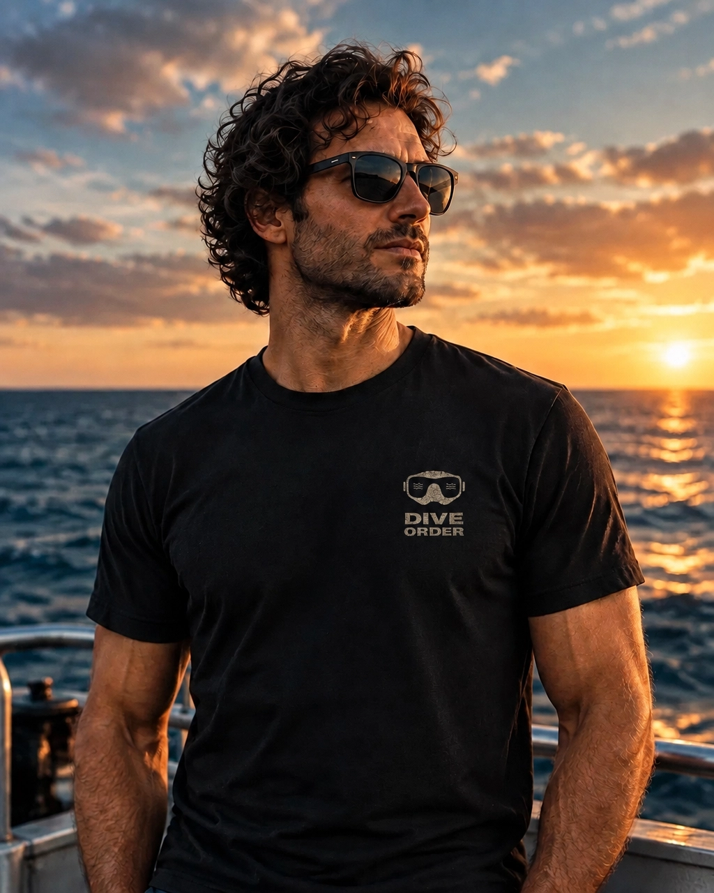 A diver wearing understated black The Dive Order apparel on the boat