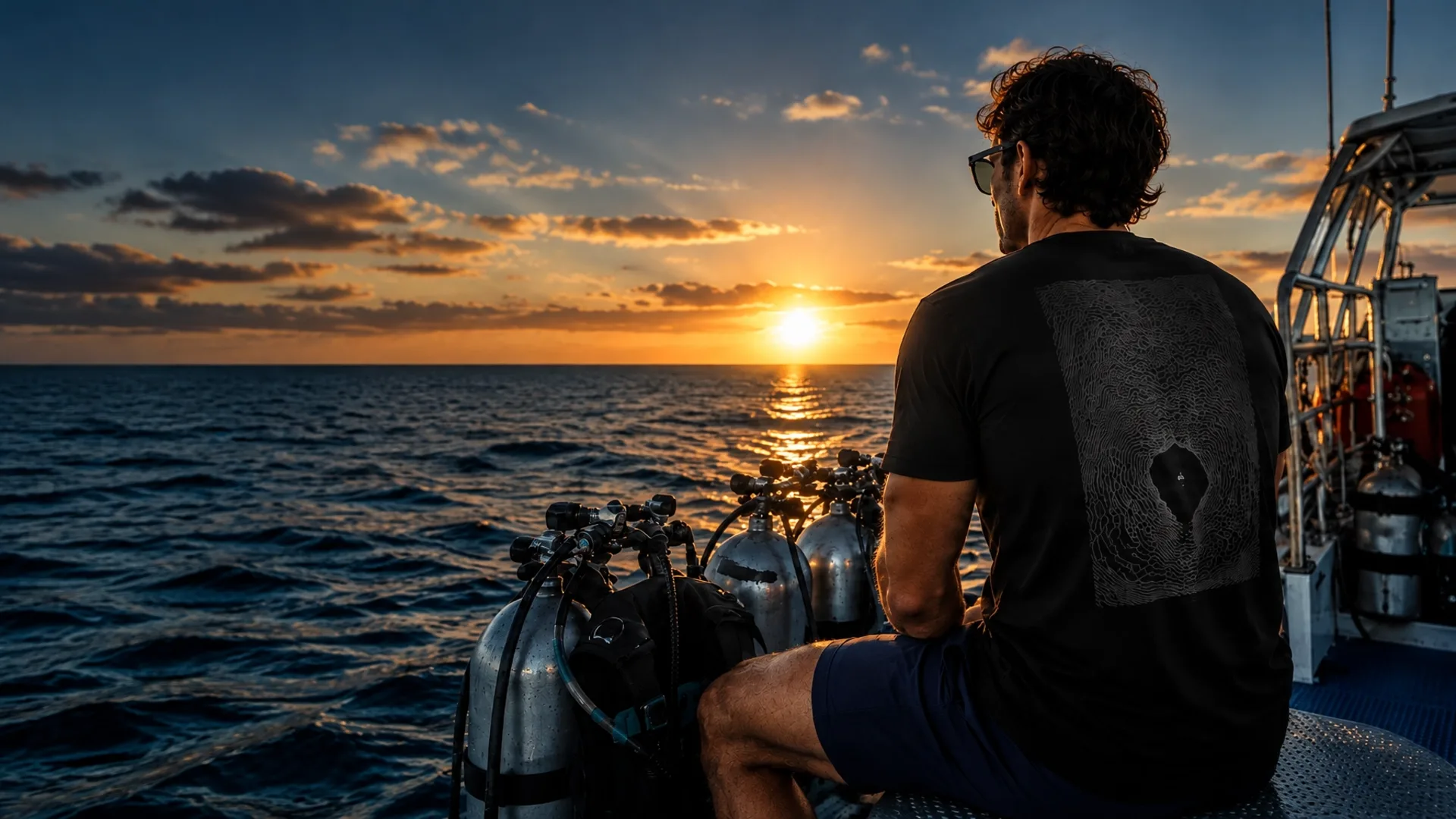 A diver on a boat at sunset after a day underwater